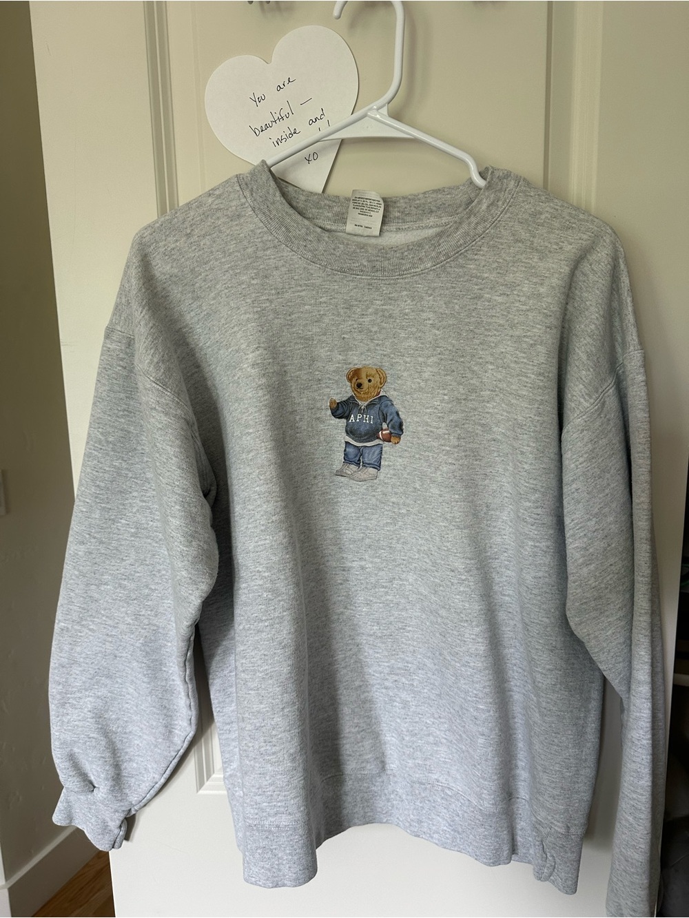 Alpha Phi Heather Gray Sweatshirt with Teddy Bear Embroidery